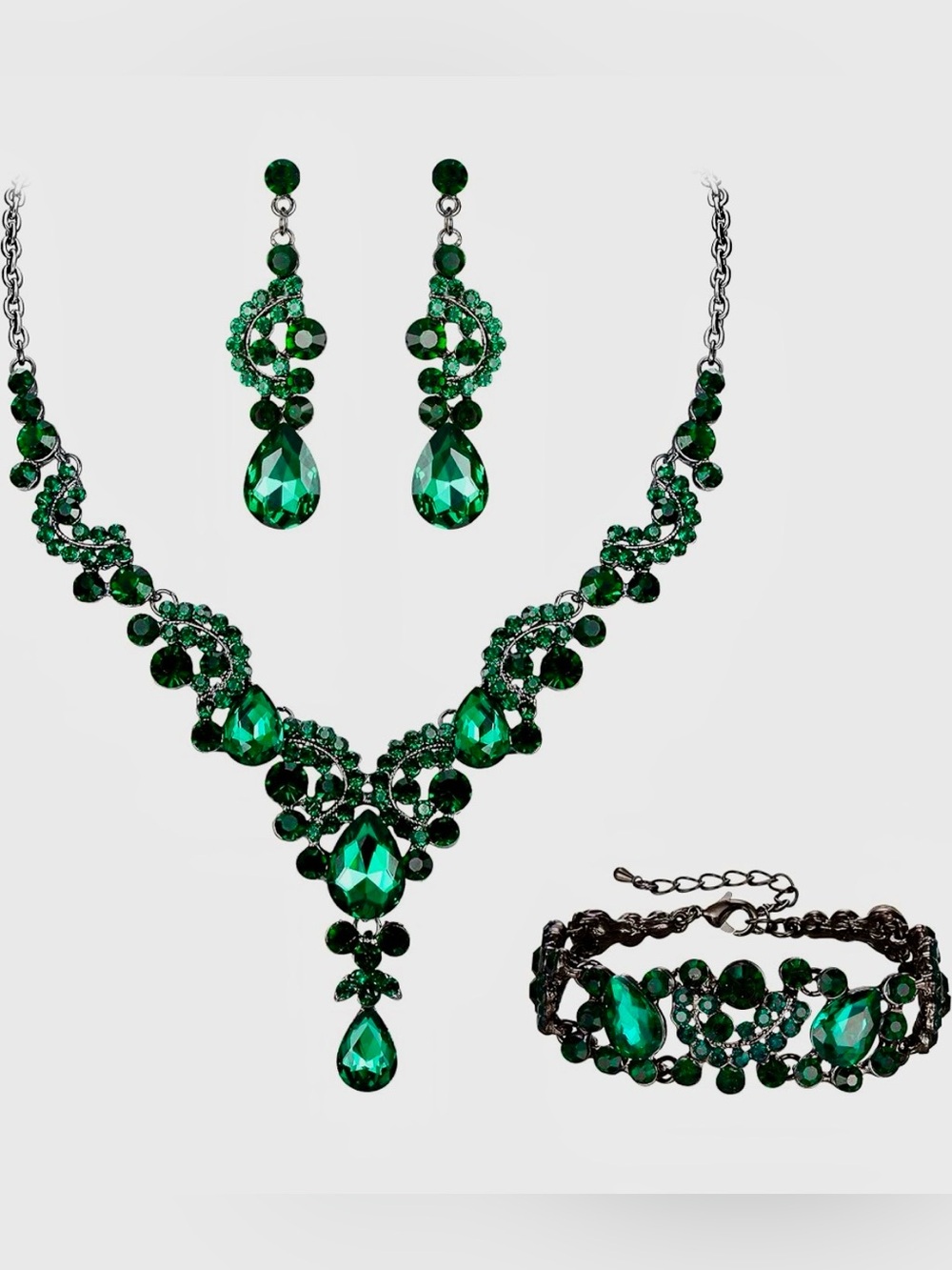 EVER FAITH Green Rhinestone Crystal 3-Pc Jewelry Set (orig pouch & box included)